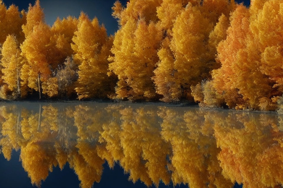 Tranquil autumn landscape with golden trees reflected in calm water