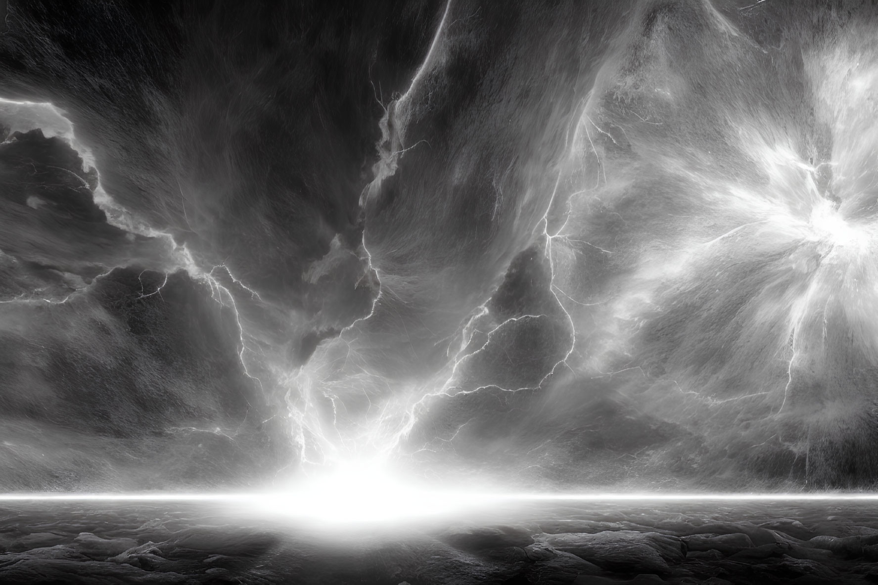 Monochrome image of lightning striking barren landscape