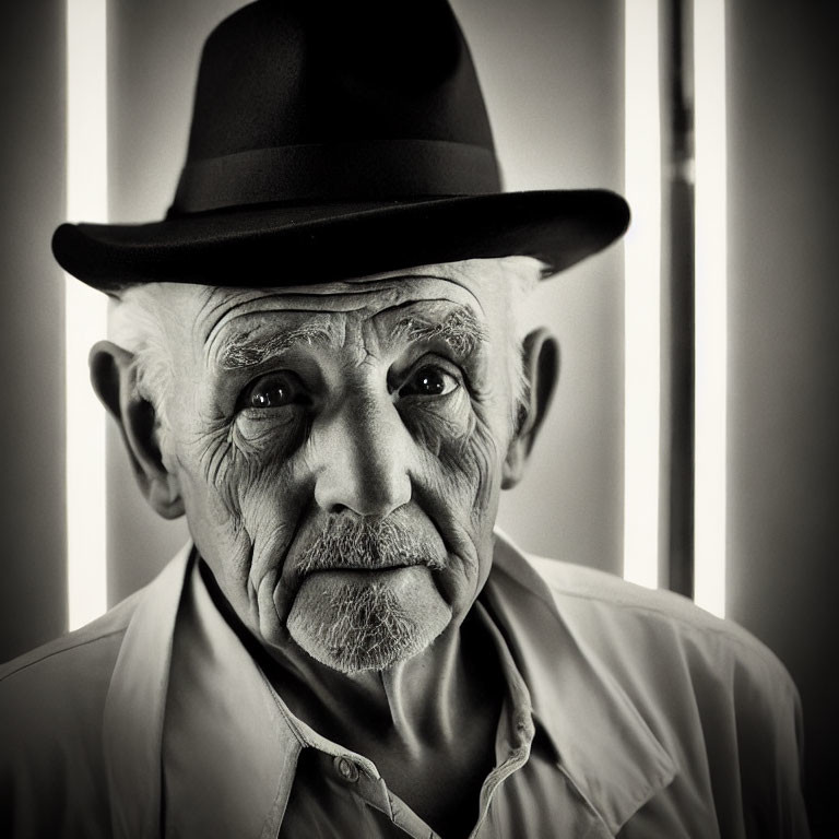Monochrome portrait of elderly man in fedora with expressive eyes