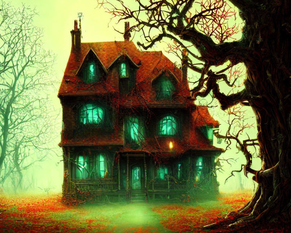 Spooky Victorian house in autumn setting with twisted tree and green glow