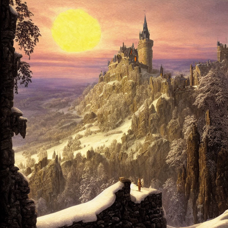 Majestic castle on snowy hill at sunset with silhouetted figures