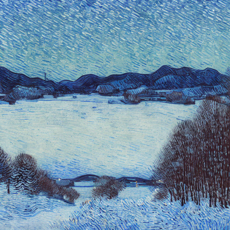 Snowy Landscape Painting with River, Hills, and Starry Night Sky