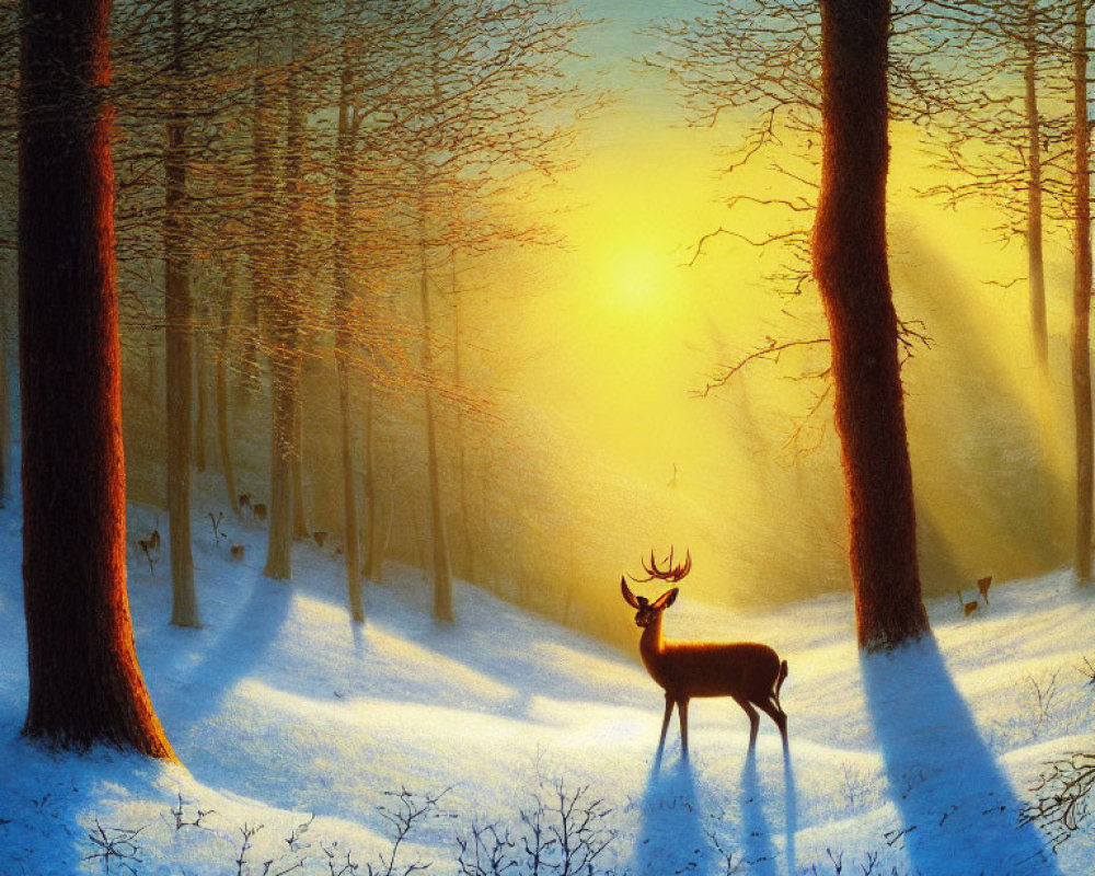 Winter forest scene with majestic deer and sunlight casting shadows