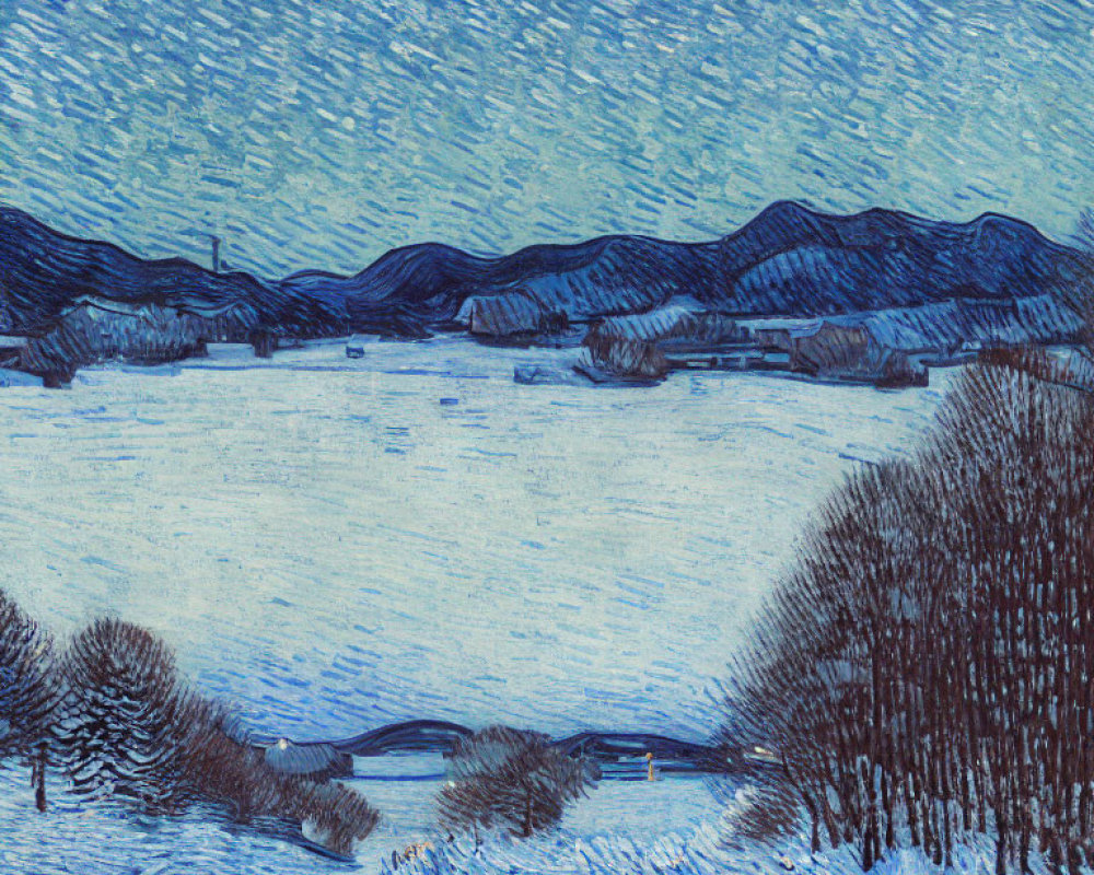 Snowy Landscape Painting with River, Hills, and Starry Night Sky