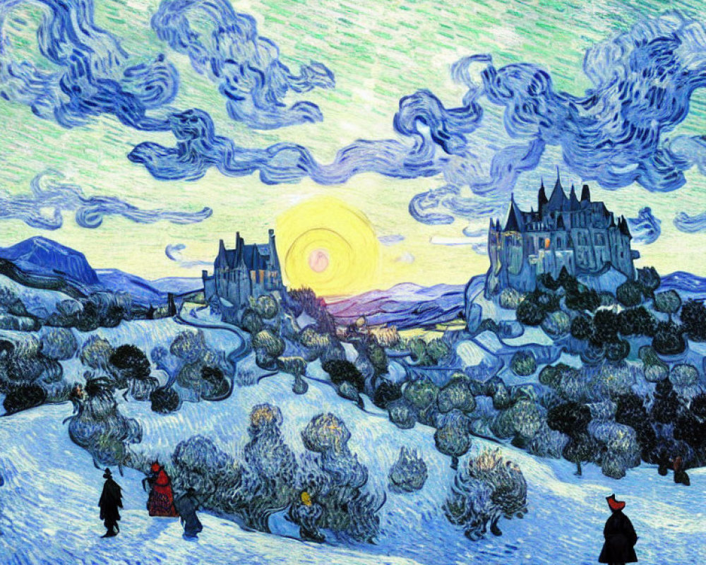 Post-Impressionist style painting of starry night with moon, castle, and figures
