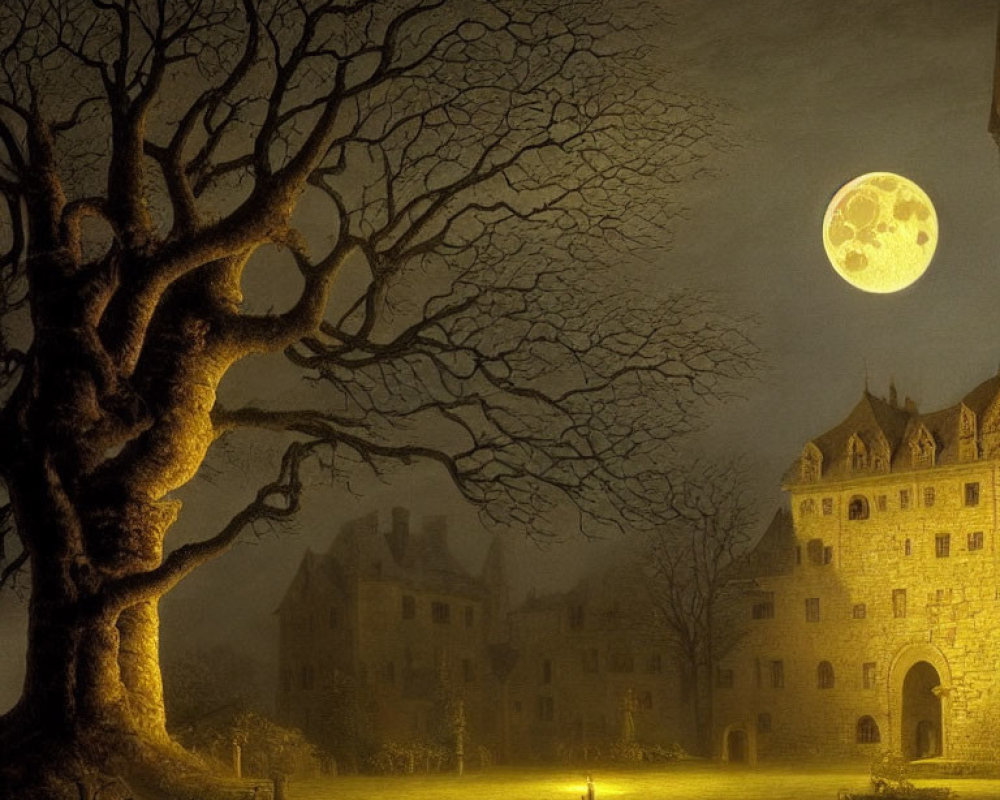 Eerie full moon over misty scene with gnarled tree and old castle