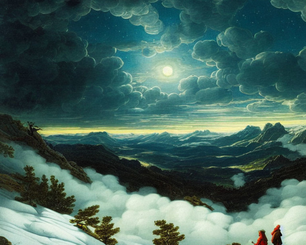 Artwork of two travelers in red cloaks climbing snowy mountain under full moon.