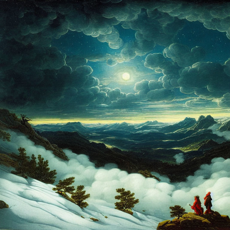 Artwork of two travelers in red cloaks climbing snowy mountain under full moon.