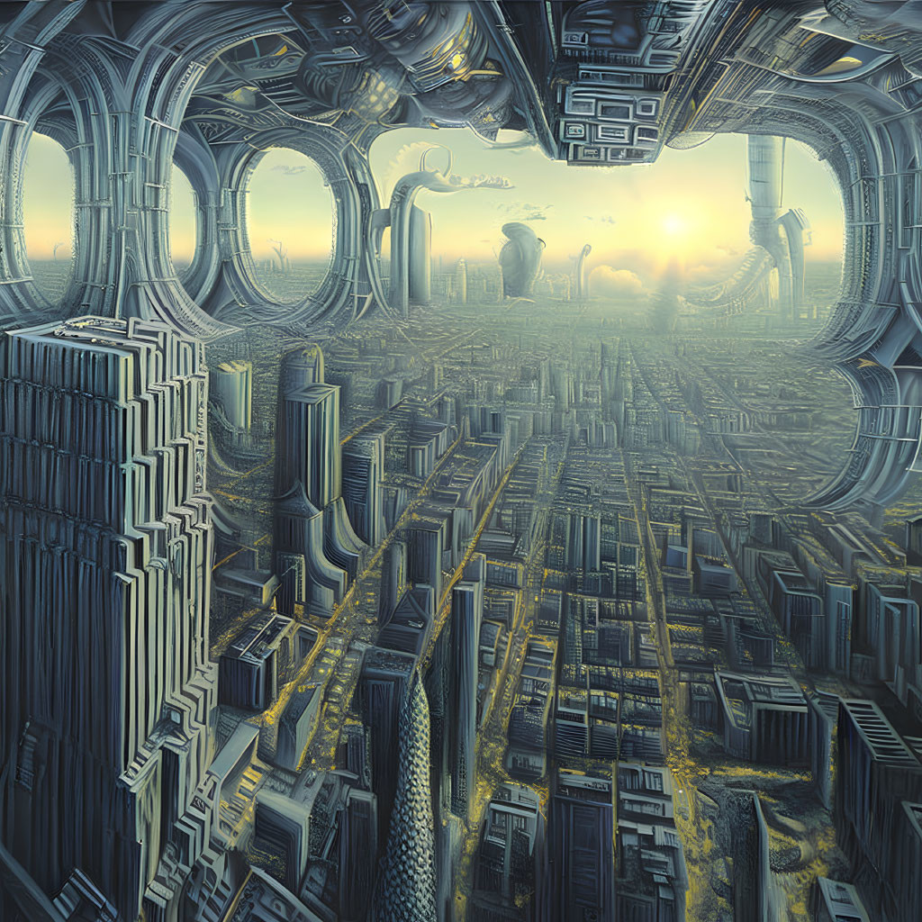 Detailed futuristic cityscape with towering skyscrapers and intricate architecture under a bright sun.