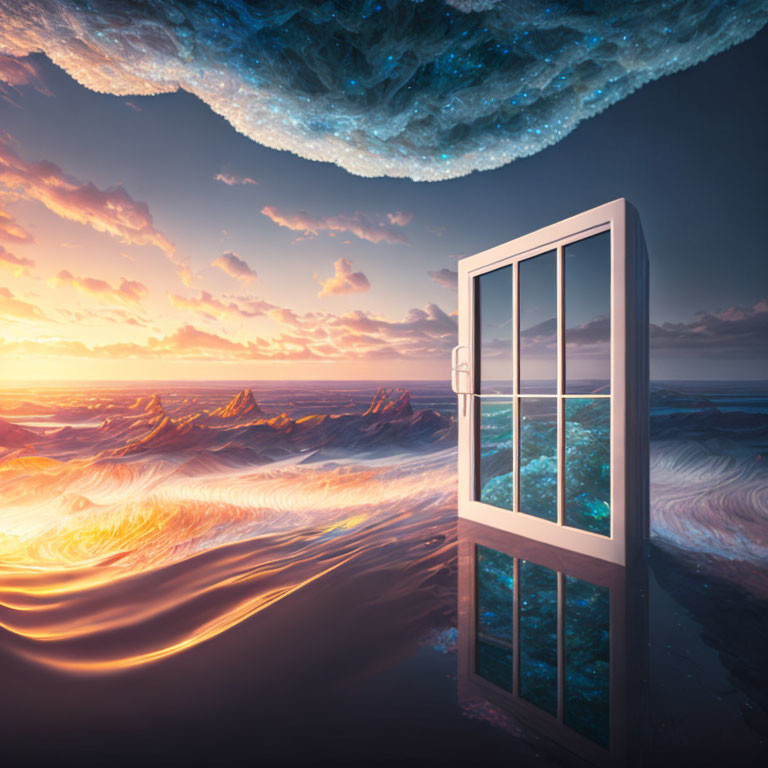 Surreal landscape featuring floating door, ocean, sunset, and celestial bodies