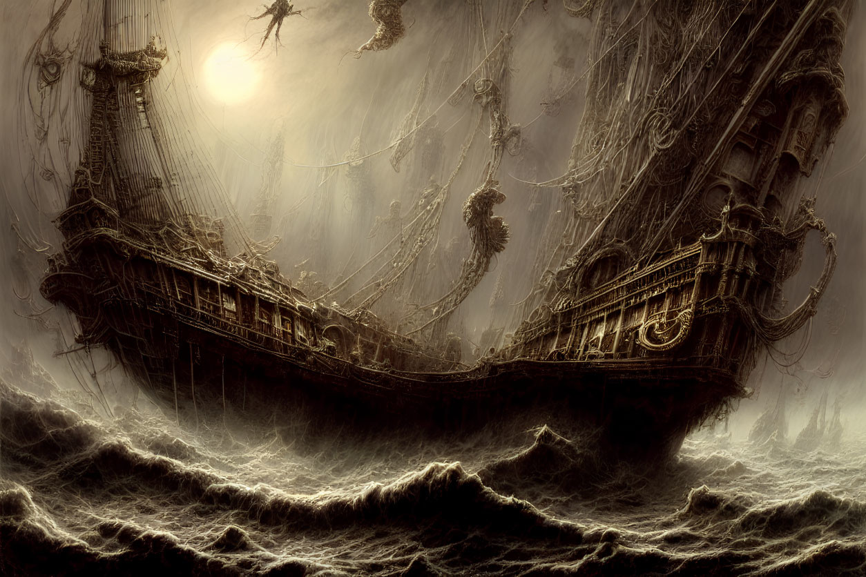 Spooky old ship sailing in misty, moonlit seas