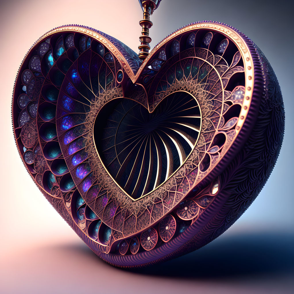 Heart-shaped locket with intricate filigree work and iridescent textures