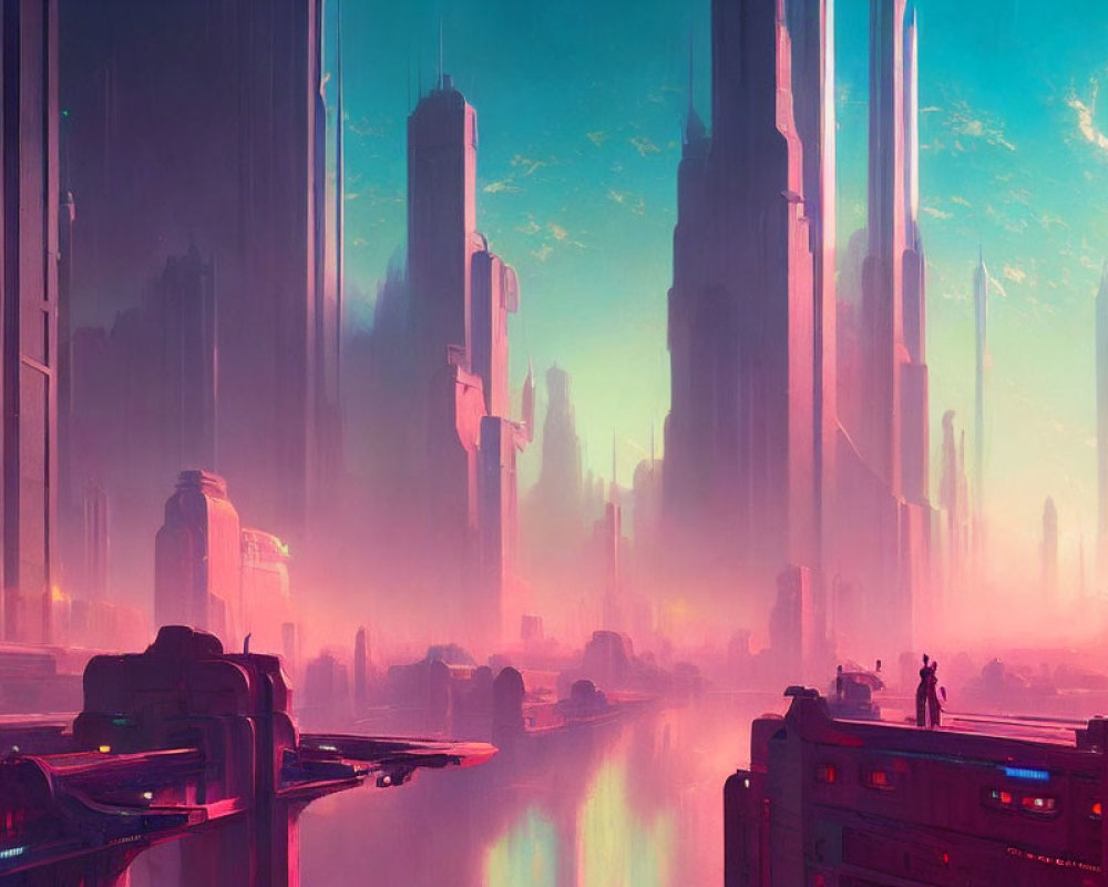 Futuristic cityscape with towering skyscrapers and figures under pink and blue sky