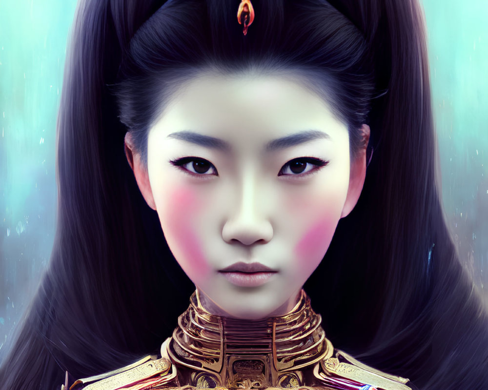 Digital artwork: Asian woman in traditional hairstyle and futuristic golden armor