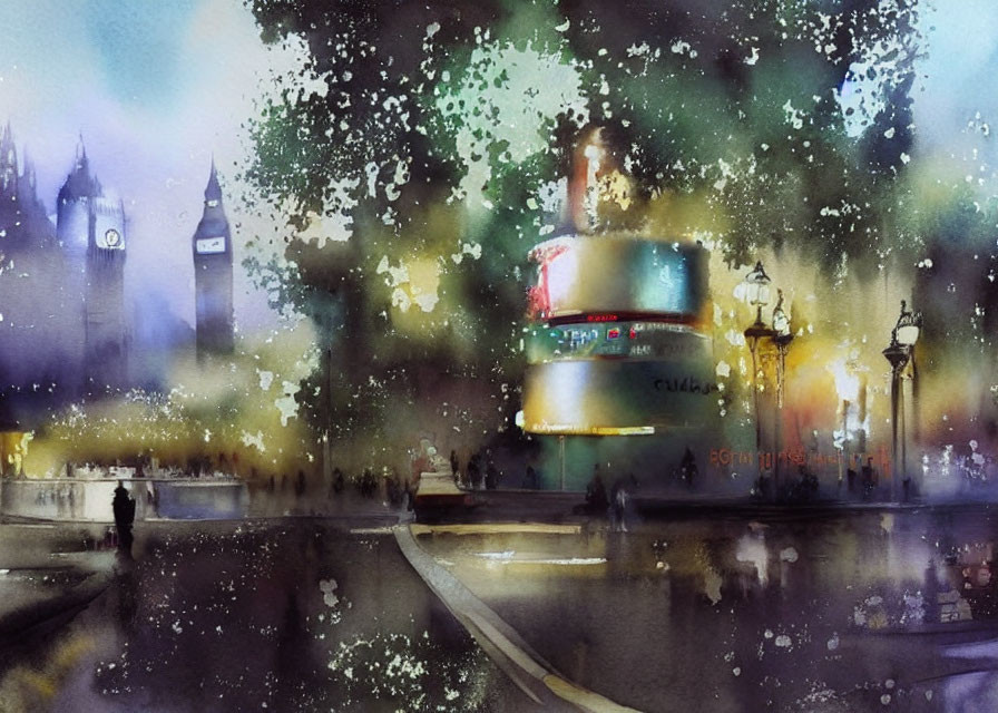 Vibrant Watercolor Painting of Rainy Cityscape with Big Ben