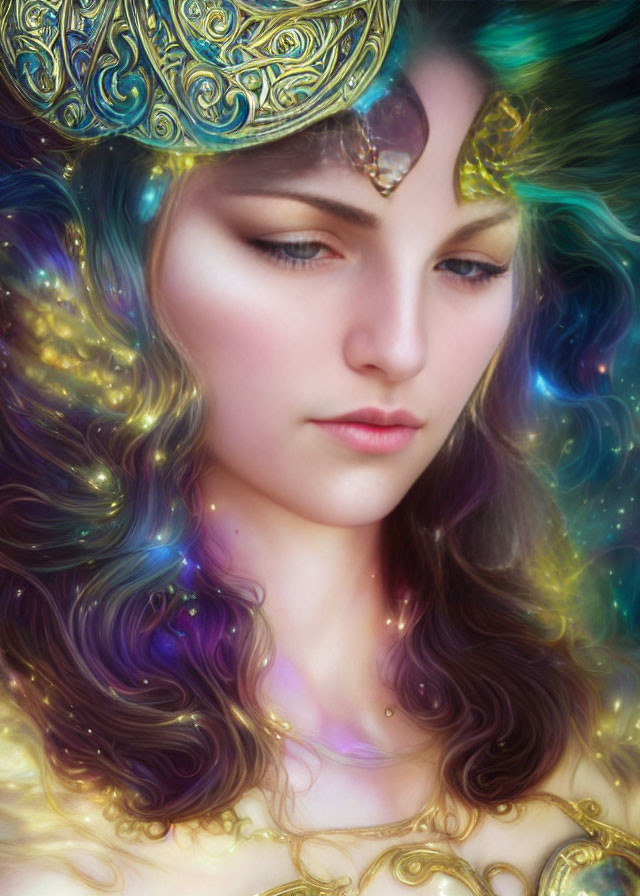 Serene woman portrait in golden headdress with cosmic hair texture