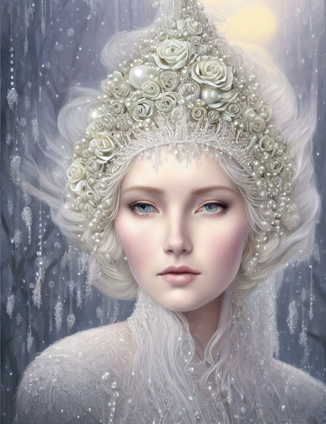 Pale-skinned woman with blue eyes in pearl-studded headdress among white roses on snowy backdrop