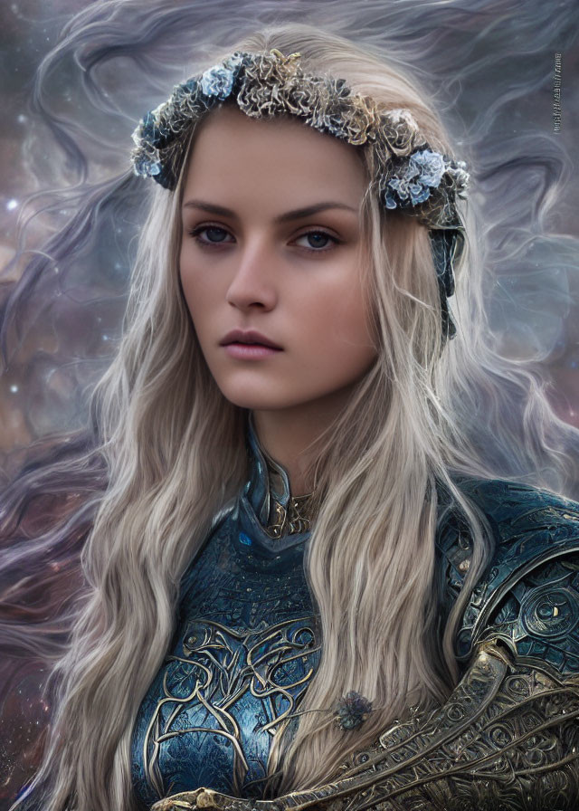 Blonde woman in floral crown and armor against galaxy backdrop