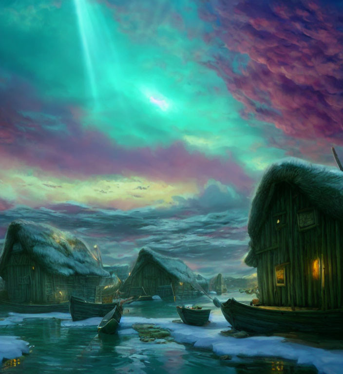 Snow-covered village under aurora borealis with icy water and boats