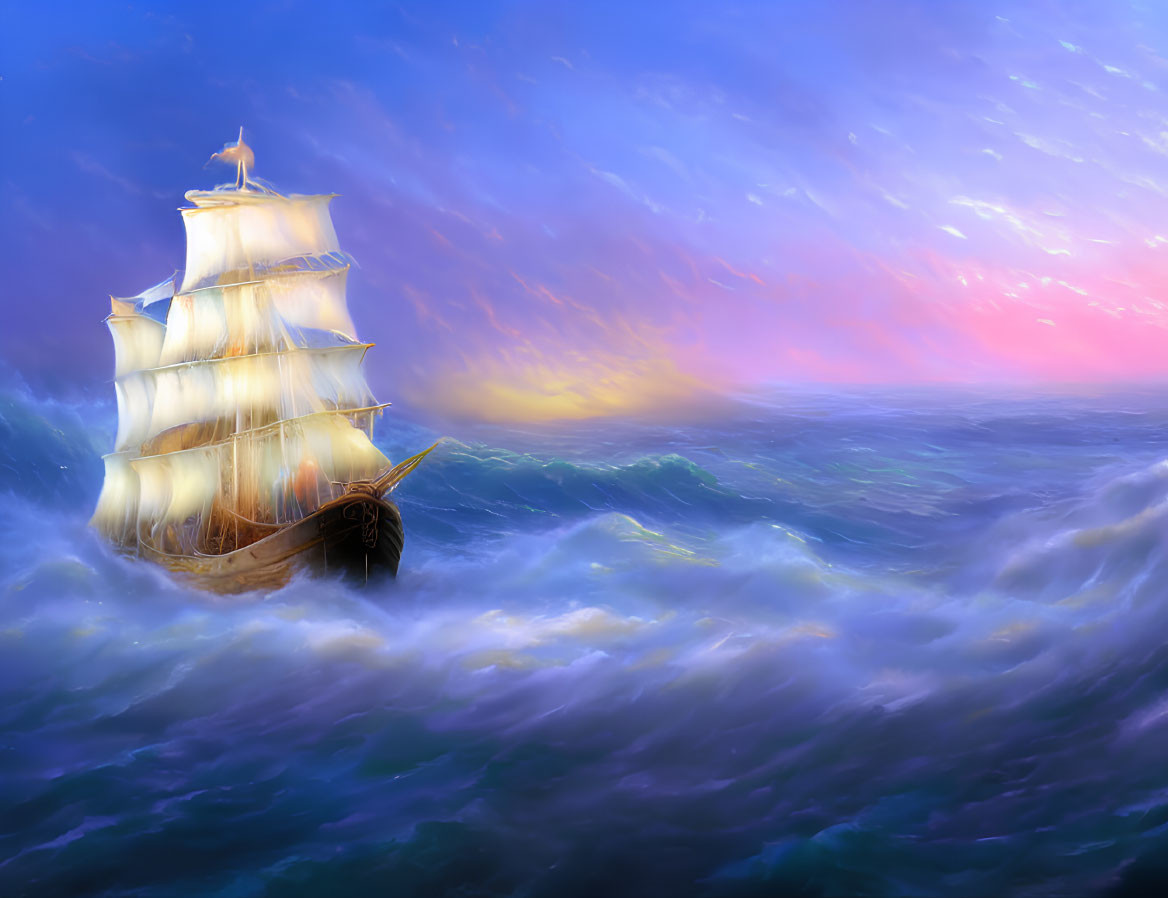 Majestic sailing ship with unfurled sails on turbulent ocean waves