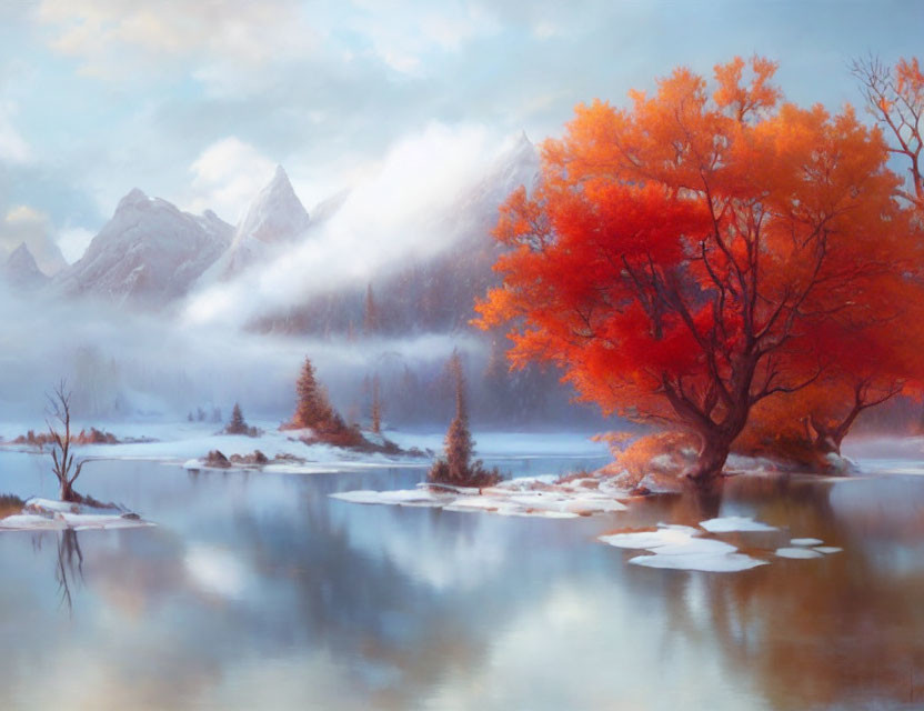 Tranquil landscape with misty mountains, reflective lake, snow patches, and vibrant orange tree