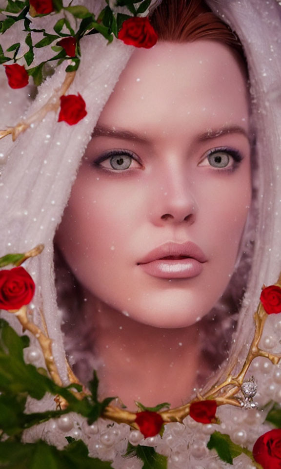 Close-up portrait of woman with blue eyes, white fabric, red roses, snowflakes