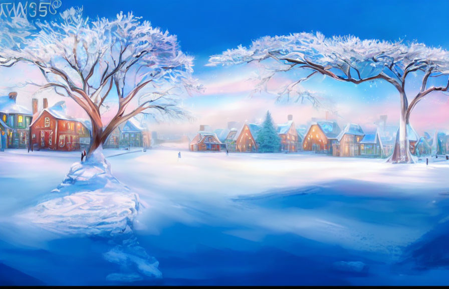 Snowy landscape with frosted trees, colorful sky, and cozy houses in serene winter village.