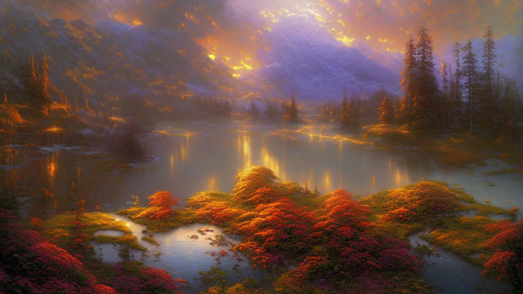 Tranquil lake with red foliage islands, golden sunset over mountains