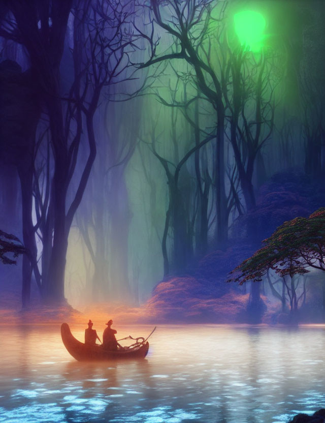 Silhouetted figures row boat in misty forest with glowing green light.