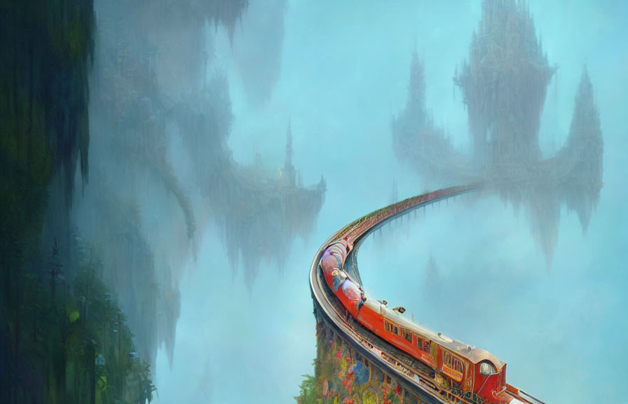 Red train on curved track near mist-shrouded islands with castle-like structures