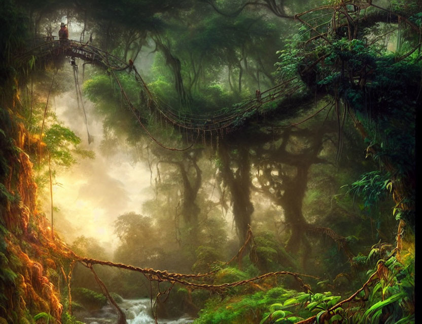 Person on Rope Bridge in Lush Rainforest with River Below