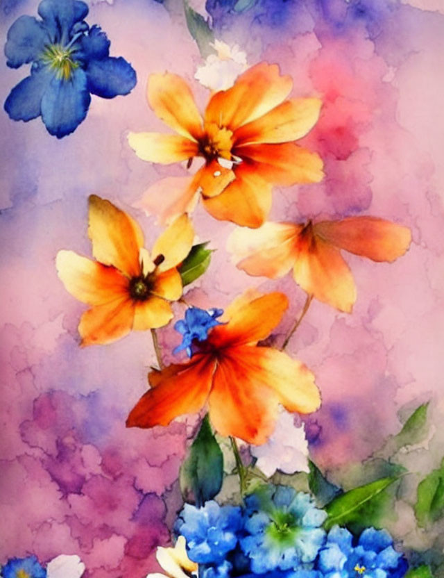 Vibrant orange and blue flowers in watercolor painting