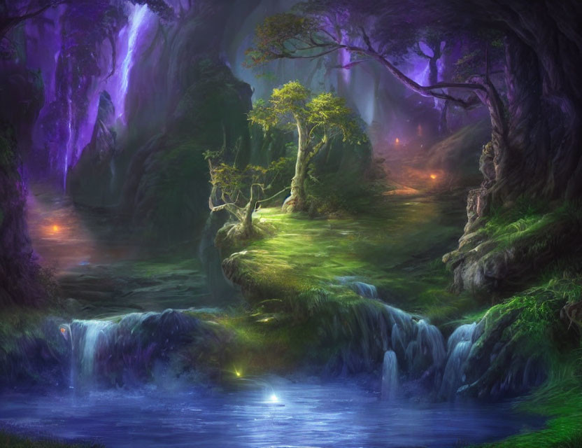Ethereal forest with purple hues, serene waterfall, and misty light reflections