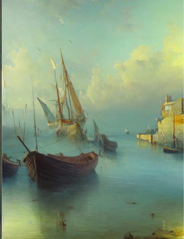 Tranquil maritime scene with moored boats and calm sea