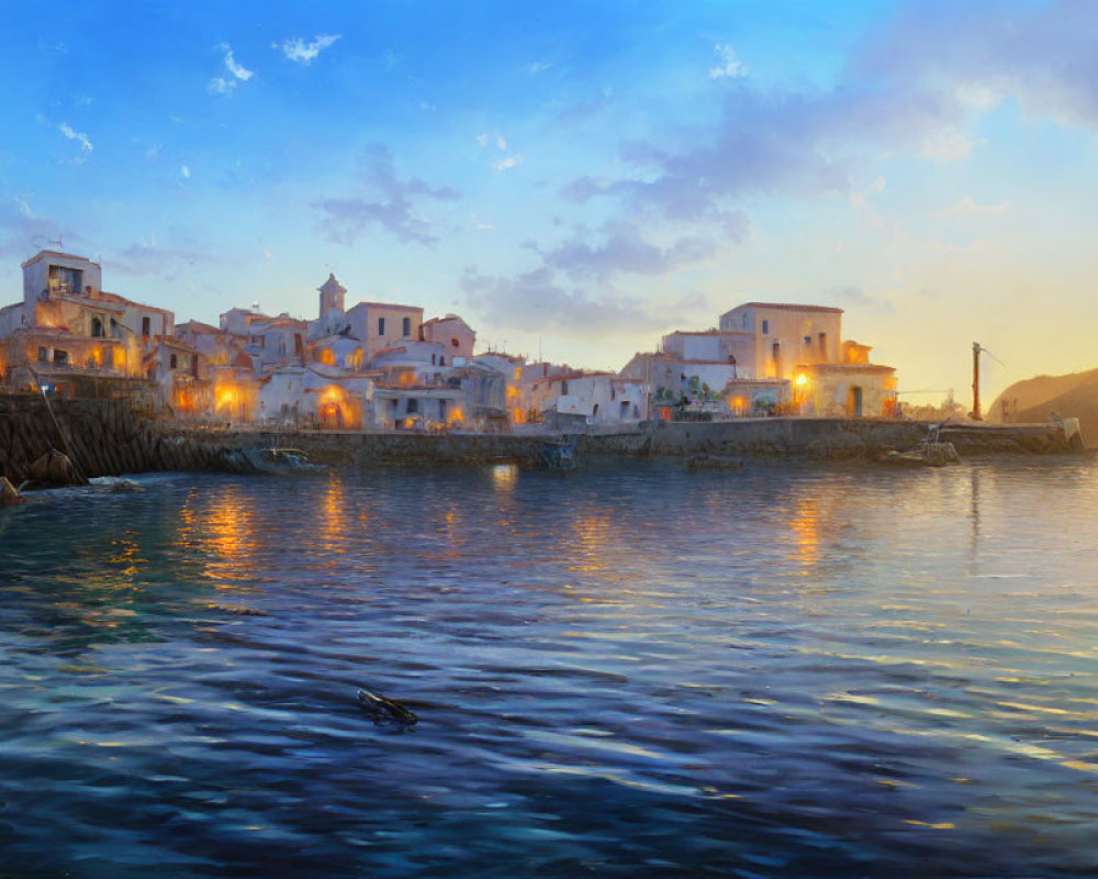 Tranquil seaside village at twilight with warm lights and lone swimmer