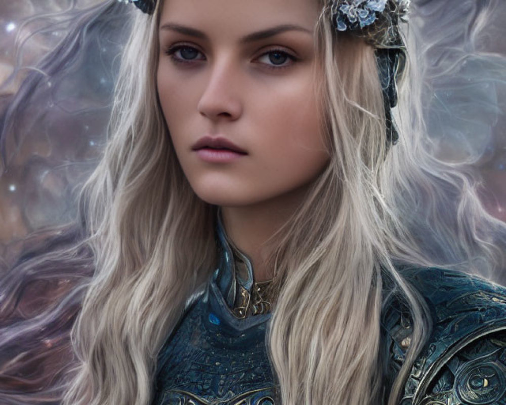 Blonde woman in floral crown and armor against galaxy backdrop