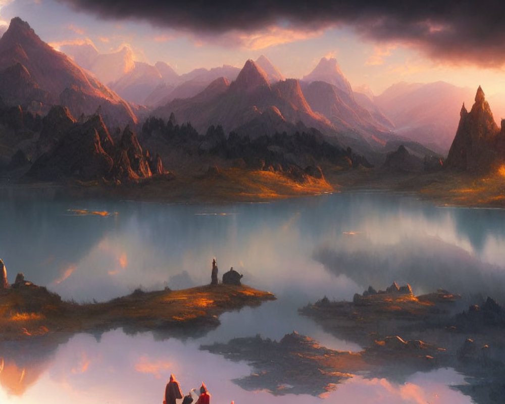Tranquil sunset landscape with mountains, lake reflection, and figures by water
