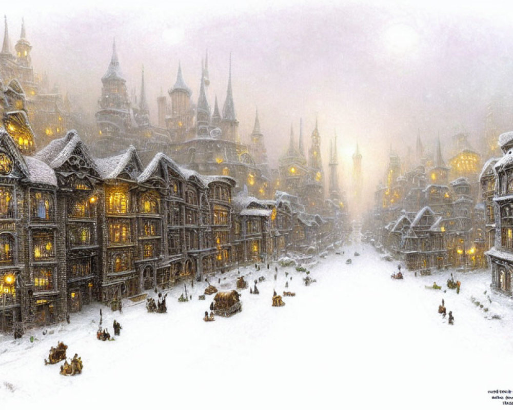 Snowy cityscape with vintage buildings and glowing lights in serene winter scene