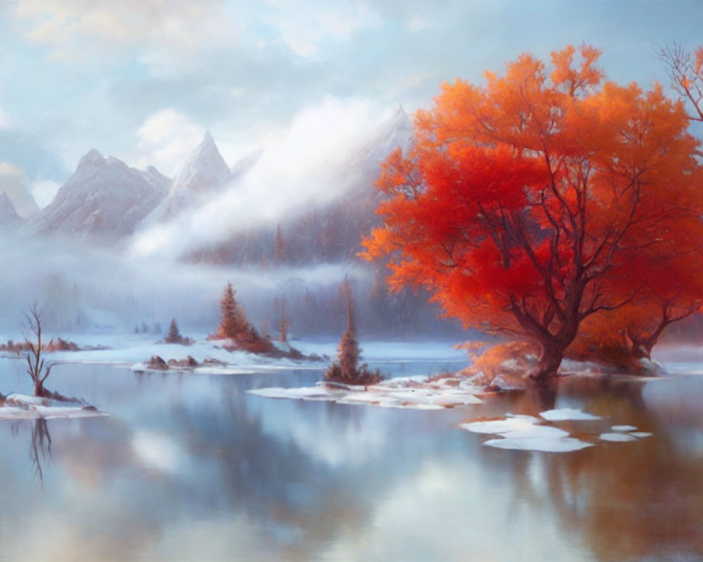 Tranquil landscape with misty mountains, reflective lake, snow patches, and vibrant orange tree