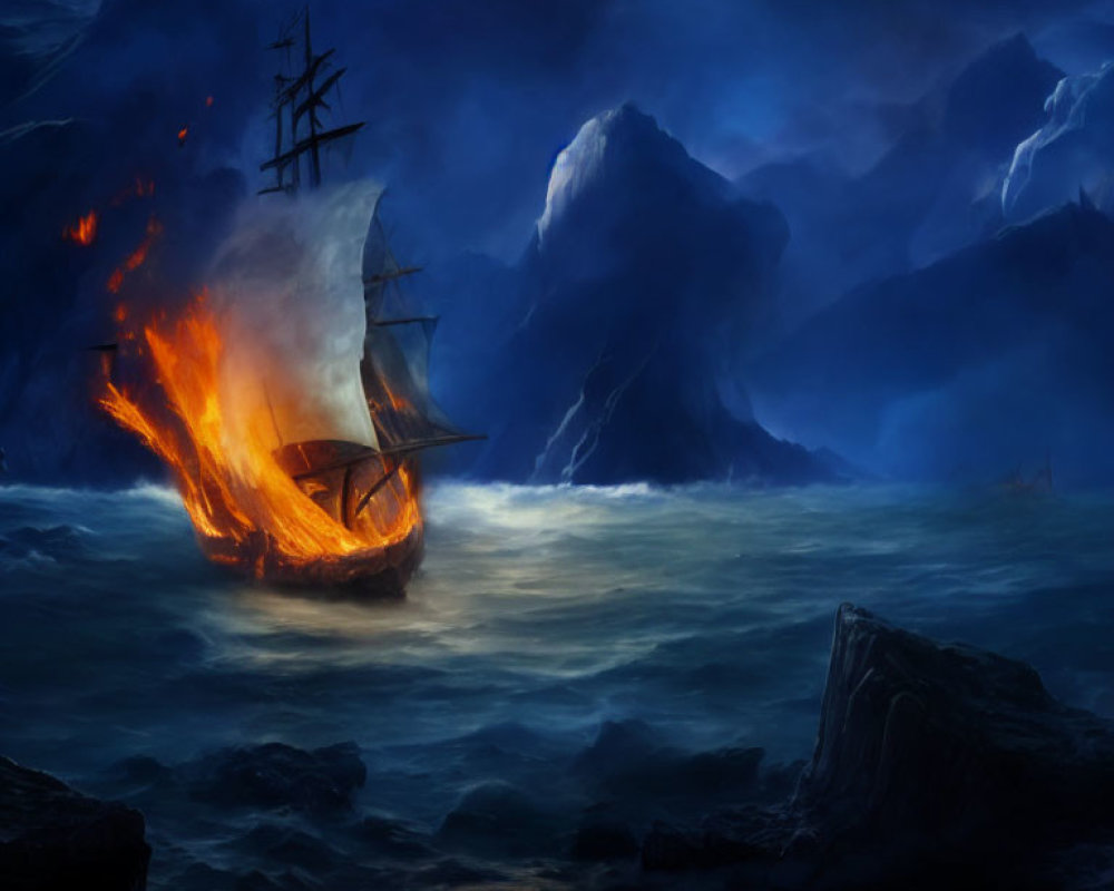 Burning ship at sea painting with dark clouds and rocky outcrops