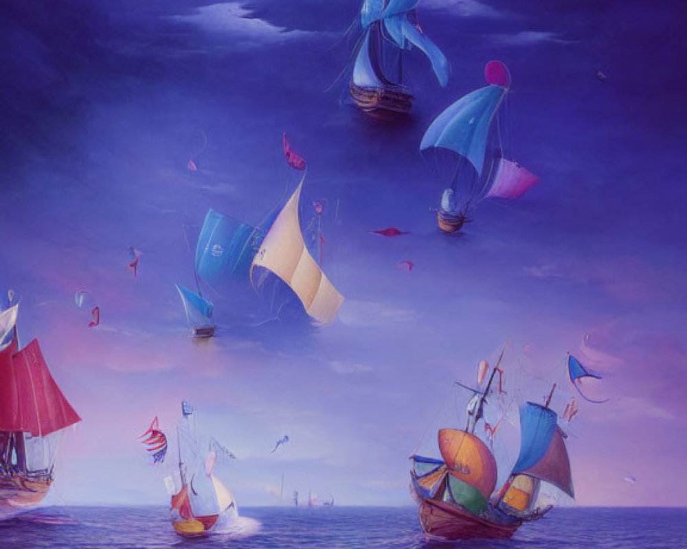 Fantasy maritime scene: Colorful sailing ships on purple sea with floating fish and birds