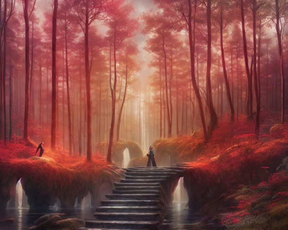 Enchanting forest scene with stone bridge, red foliage, mist, and ethereal figure