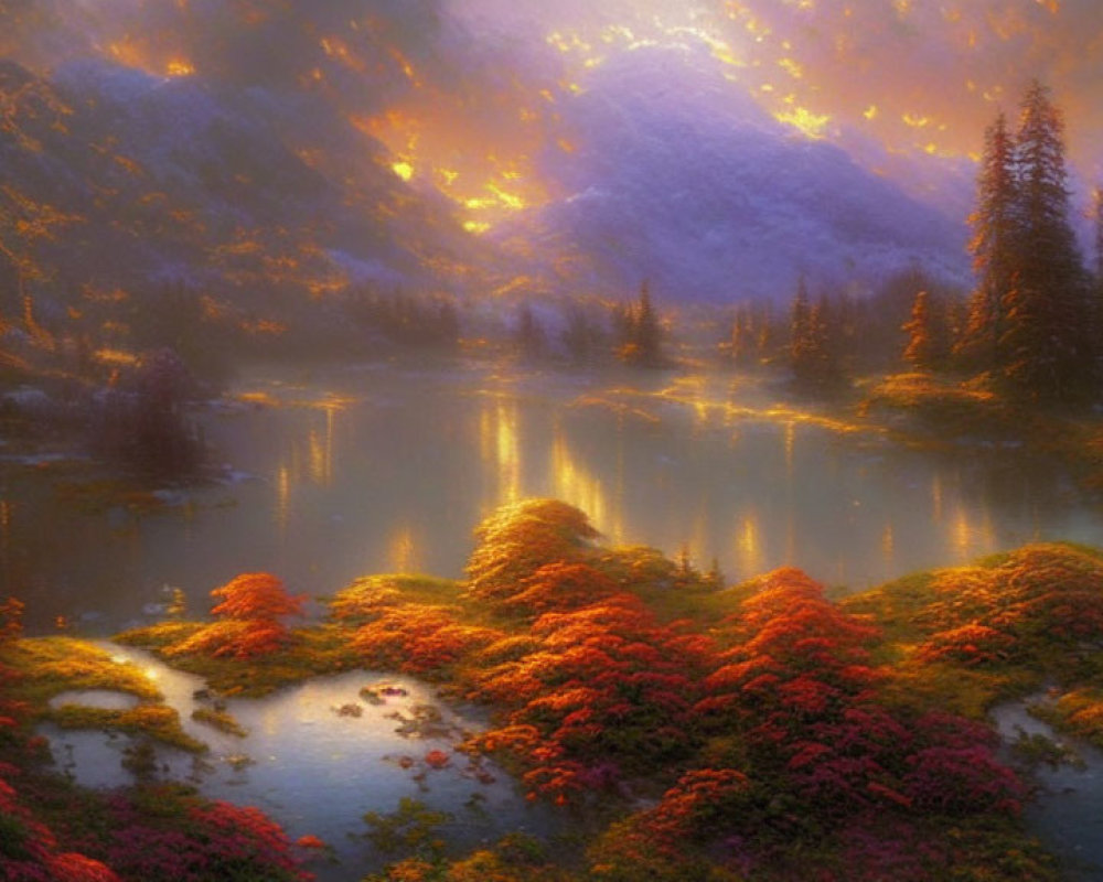 Tranquil lake with red foliage islands, golden sunset over mountains
