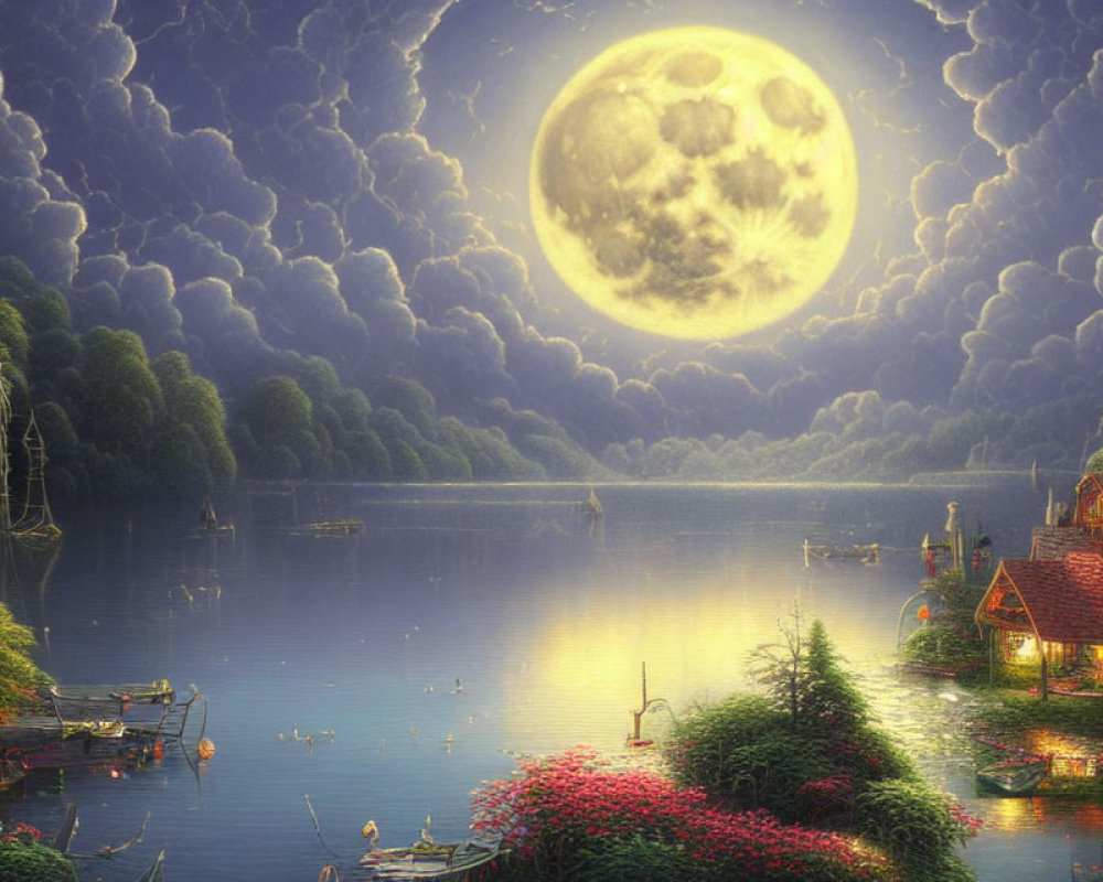 Tranquil lakeside night scene with full moon, clouds, houses, ship, boats, and