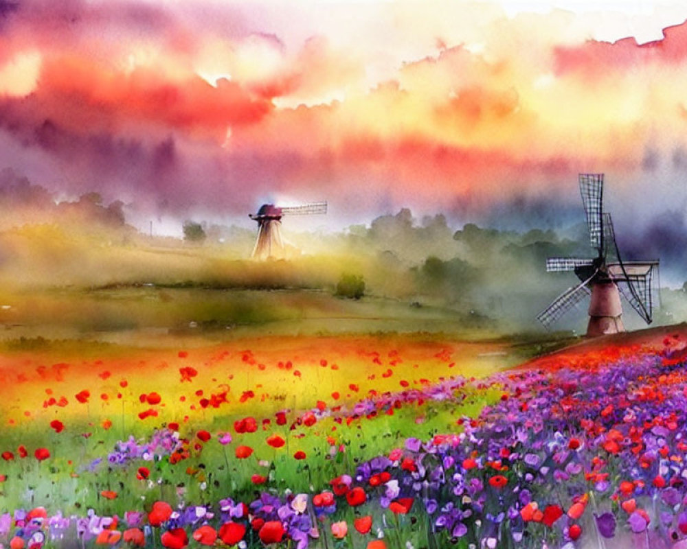 Colorful watercolor painting of red and purple flowers in a field with windmills under a dawn