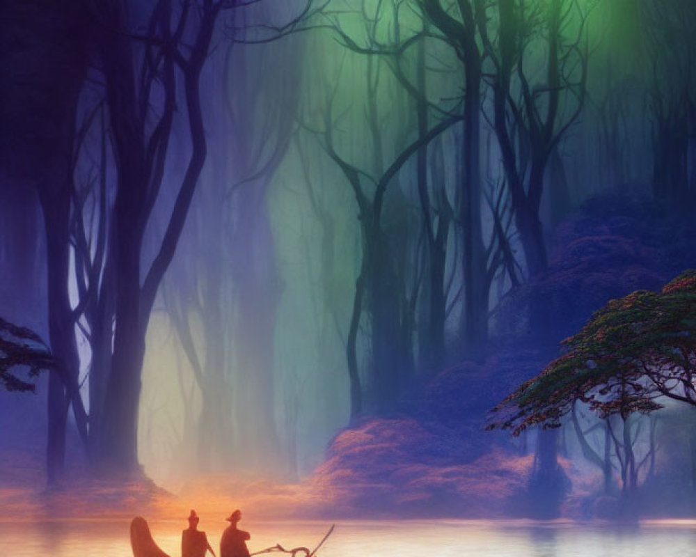 Silhouetted figures row boat in misty forest with glowing green light.