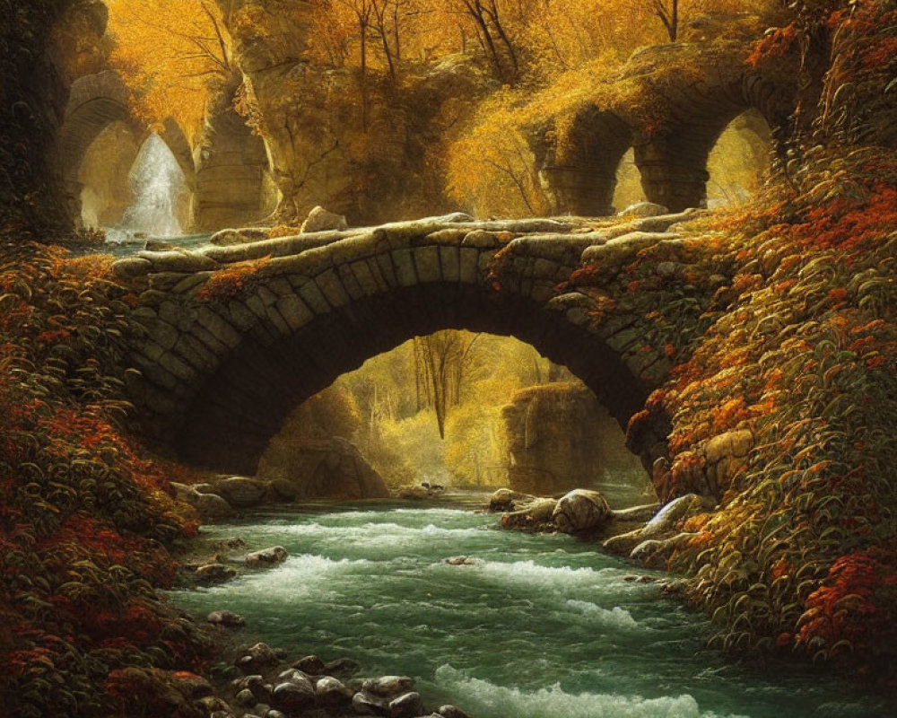 Tranquil autumn landscape with stone bridge and river