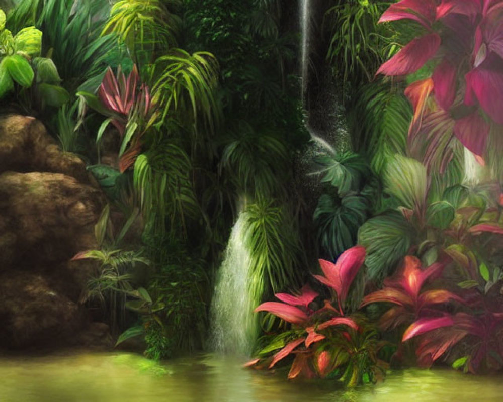 Tranquil Tropical Waterfall with Pink Foliage and Pond