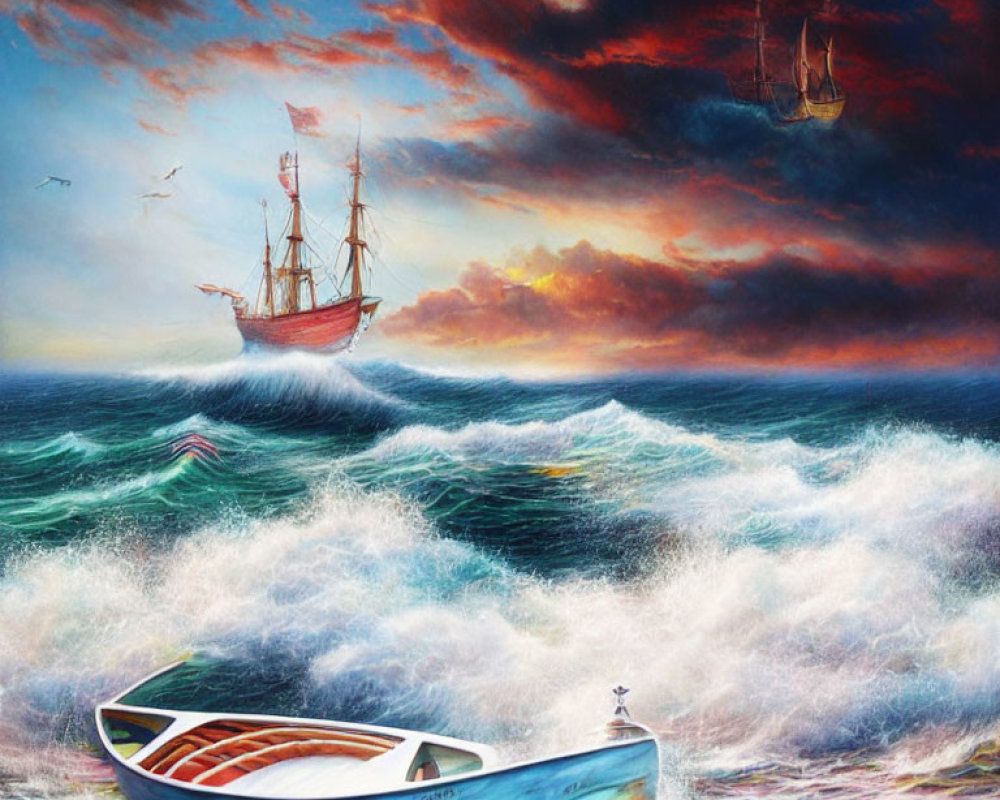 Colorful painting of rowboat and ship on stormy seas at sunset