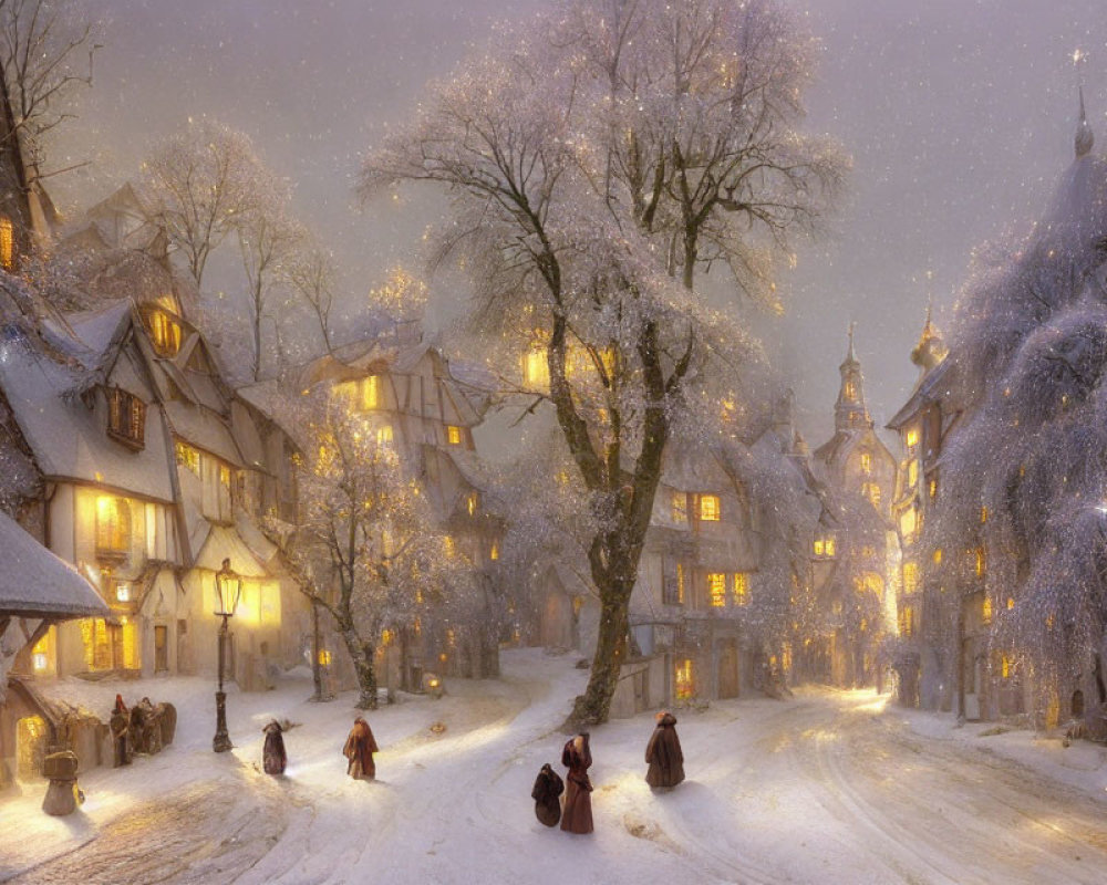 Snow-covered village street at night with warm glowing lights
